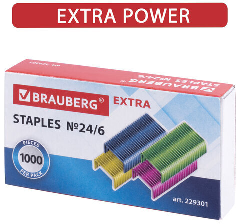 Скобы для степлера цветные №24/6, 1000 штук, BRAUBERG "EXTRA", до 30 листов, 229301
