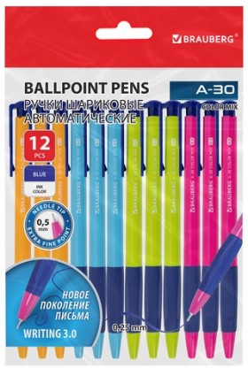 Ручки шариковые автоматические BRAUBERG A-30 COLOR MIX "WRITING 3.0", КОМПЛЕКТ 12 ШТ., СИНИЕ, узел 0,5 мм, линия 0,25 мм, 144342