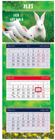 Календарь квартальный с бегунком 2023 г., 3 блока, 4 гребня, УльтраЛюкс, "Год Кролика", HATBER, 3Кв4гр2ц_27154