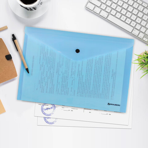 Папка-конверт с кнопкой BRAUBERG "Pastel", А4, до 100 листов, непрозрачная, аквамарин, 0,18 мм, 270474