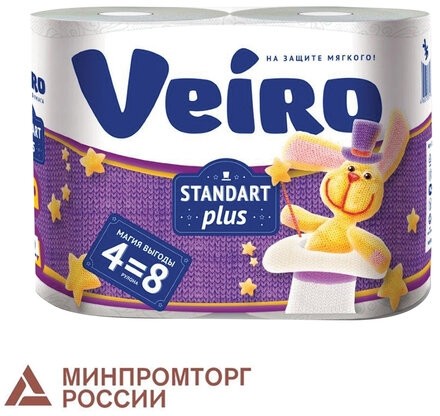 Бумага туалетная бытовая, спайка 4 шт., 2-х слойная (4х30 м), VEIRO Standart Plus, белая, 3с24