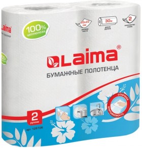 Полотенца бумажные бытовые, спайка 2 шт., 2-х слойные, (2х30 м), LAIMA, 22х23 см, белые, 128726