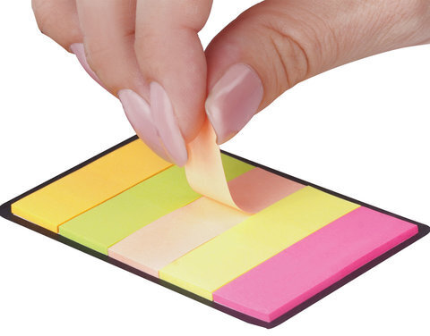 Закладки клейкие бумажные STAFF, НЕОНОВЫЕ, 45х15 мм, 5 цветов х 20 листов, на картонном основании, 129357