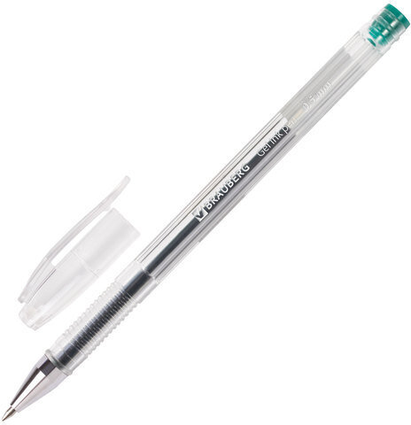 Ручка гелевая BRAUBERG "Jet", ЗЕЛЕНАЯ, корпус прозрачный, узел 0,5 мм, линия письма 0,35 мм, 141021