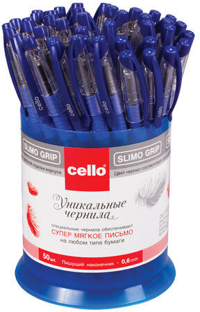 Ручка шариковая масляная с грипом CELLO "Slimo Grip", СИНЯЯ, корпус прозрачный, узел 0,7 мм, линия письма 0,5 мм, 305092020