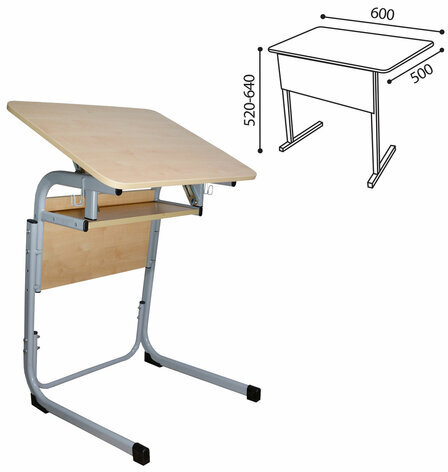 Стол-парта 1-местный, регулируемый угол, "Атлант", 600х500х520-640 мм, рост 2-4, серый каркас, ЛДСП клён