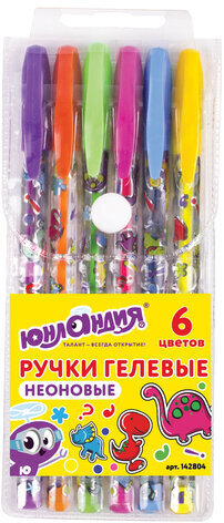 Ручки гелевые ЮНЛАНДИЯ, НАБОР 6 ЦВЕТОВ, НЕОН, корпус с печатью, узел 0,7 мм, линия письма 0,5 мм, 142804