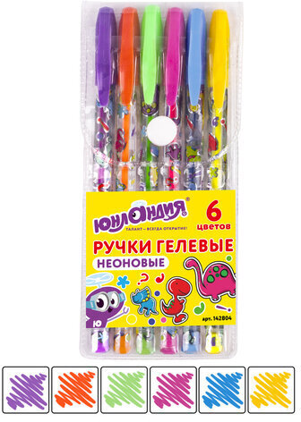 Ручки гелевые ЮНЛАНДИЯ, НАБОР 6 ЦВЕТОВ, НЕОН, корпус с печатью, узел 0,7 мм, линия письма 0,5 мм, 142804