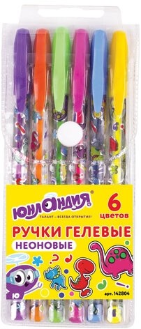 Ручки гелевые ЮНЛАНДИЯ, НАБОР 6 ЦВЕТОВ, НЕОН, корпус с печатью, узел 0,7 мм, линия письма 0,5 мм, 142804