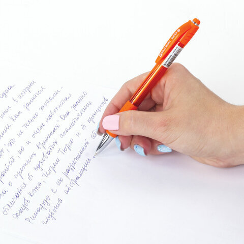 Ручка шариковая автоматическая с грипом BRAUBERG SUPER, СИНЯЯ, корпус оранжевый, узел 0,7 мм, линия письма 0,35 мм, 143375