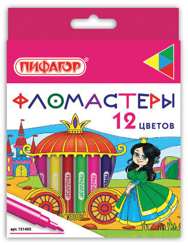 Фломастеры ПИФАГОР "Принцессы", 12 цветов, вентилируемый колпачок, 151405