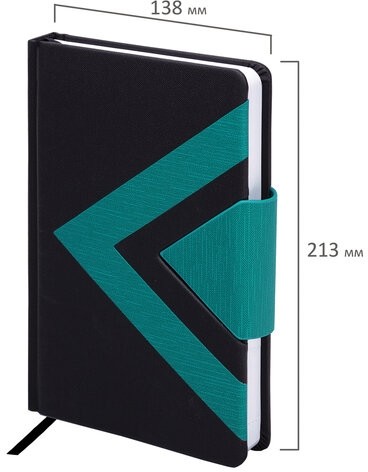 Ежедневник недатированный А5 138x213 мм BRAUBERG "Waves", под кожу, застежка, 160 л., черный/бирюзовый, 114454