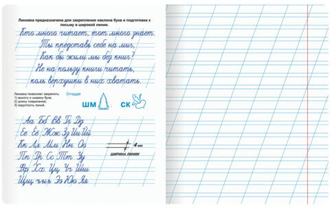 Тетрадь УЧУСЬ ПИСАТЬ № 4 12 л. косая линия, со справочным материалом, обложка картон, ЮНЛАНДИЯ, 404851
