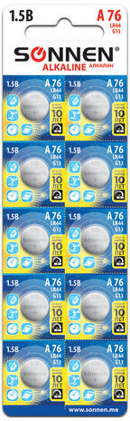 Батарейка SONNEN Alkaline, A76 (G13, LR44), алкалиновая, 1 шт., в блистере (отрывной блок), 451975