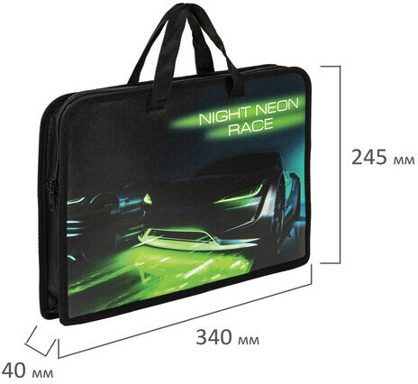 Папка на молнии с ручками ЮНЛАНДИЯ А4, 1 отделение, пластик, ширина 45 мм, "Neon race", 270950