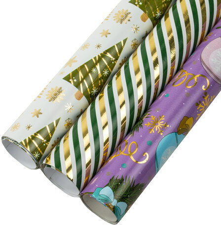 Бумага упаковочная новогодняя НАБОР 3 шт. "NY Pattern", С ЭФФЕКТАМИ, 70х100 см, ЗОЛОТАЯ СКАЗКА, 592187