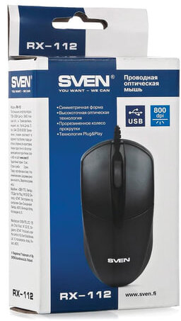 Мышь проводная SVEN RX-112, USB, 2 кнопки+1 колесо-кнопка, оптическая, черная, SV-03200112UB