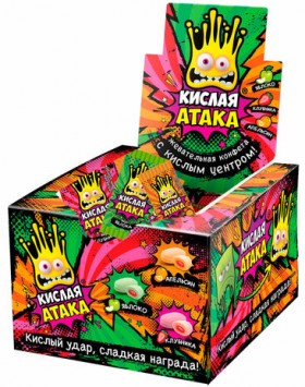Конфета жевательная КИСЛАЯ АТАКА с кислым центром, ассорти 3 вкусов, 4,5 г, KA-1-1