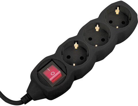 Удлинитель сетевой SONNEN U-133GS, 3 розетки, c заземлением, выключатель, 10 А, 3 м, черный, 513266