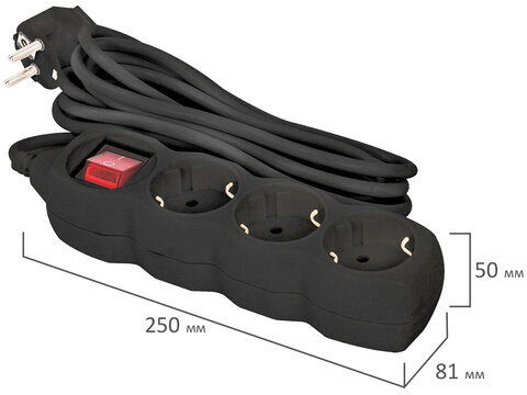 Удлинитель сетевой SONNEN U-133GS, 3 розетки, c заземлением, выключатель, 10 А, 3 м, черный, 513266