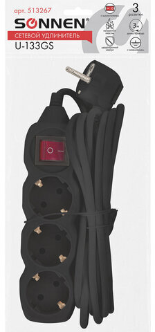 Удлинитель сетевой SONNEN U-133GS, 3 розетки, c заземлением, выключатель, 10 А, 3 м, черный, 513266