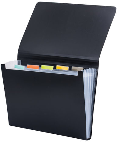 Папка на резинках BRAUBERG "Business", А4, 6 отделений, пластиковый индекс, черная, 0,5 мм, 224145