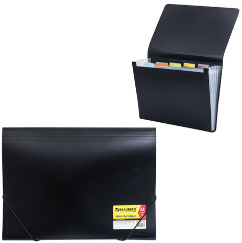 Папка на резинках BRAUBERG "Business", А4, 6 отделений, пластиковый индекс, черная, 0,5 мм, 224145