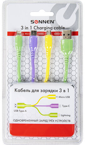 Кабель для зарядки 3 в 1 USB 2.0-Micro USB/Type-C/Lightning, 1 м, SONNEN, медь, 513562