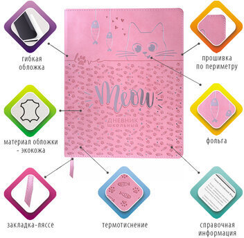 Дневник 1-11 класс 48 л., кожзам (гибкая), термотиснение, фольга, BRAUBERG, "Meow", 106168