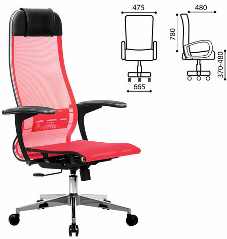 Кресло офисное МЕТТА "К-4-Т" хром, прочная сетка, сиденье и спинка регулируемые, красное