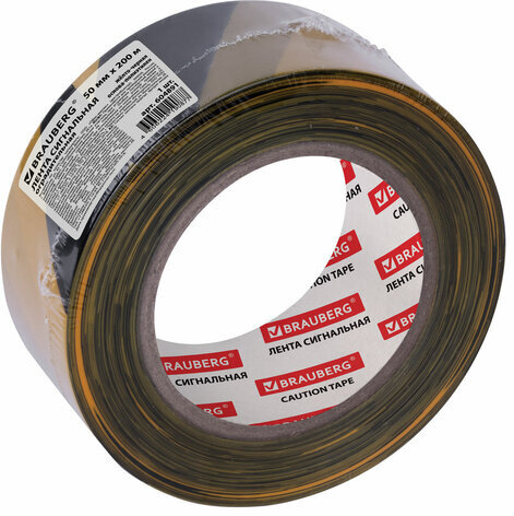 Лента сигнальная желто-черная, 50 мм х 200 м, BRAUBERG "Грандмастер", основа полиэтилен, 604891