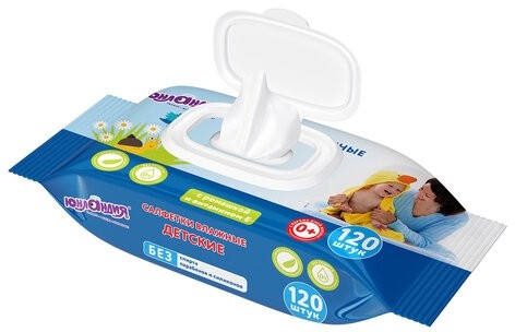Салфетки влажные 120 шт., ДЕТСКИЕ, универсальные, с пластиковым клапаном, ЮНЛАНДИЯ, 129893
