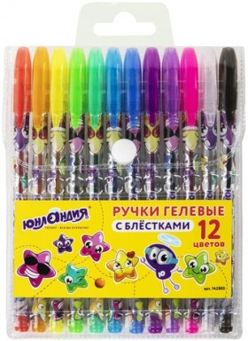 Ручки гелевые ЮНЛАНДИЯ, НАБОР 12 ЦВЕТОВ, БЛЕСТКИ, корпус с печатью, узел 0,7 мм, линия письма 0,5 мм, 142805