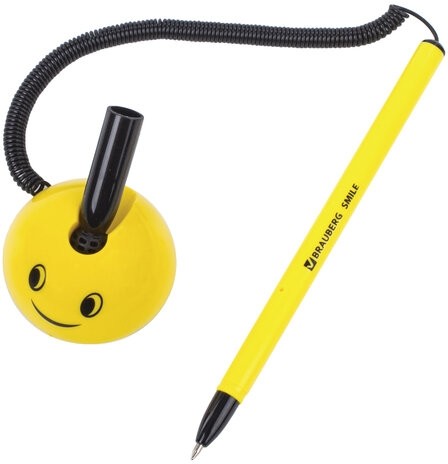 Ручка шариковая настольная BRAUBERG "SMILE", СИНЯЯ, корпус желтый, узел 0,7 мм, линия письма 0,35 мм, 143376