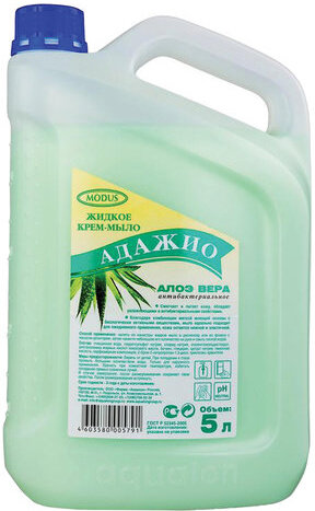 Мыло-крем жидкое 5 л АДАЖИО "Алоэ Вера", ПРЕМИУМ, перламутровое, антибактериальное, ГОСТ, 175791