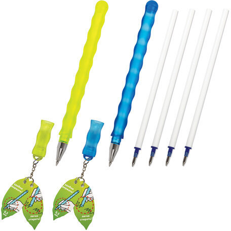 Ручки стираемые гелевые ЮНЛАНДИЯ "Горошек", НАБОР 2 штуки, СИНИЕ, + 4 сменных стержня, линия письма 0,35 мм, 143671