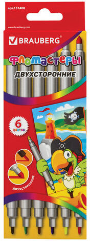 Фломастеры двухсторонние BRAUBERG 6 цветов, пишущие узлы 2 и 5 мм, вентилируемый колпачок, картонная упаковка, 151408