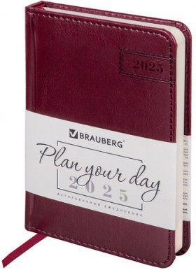 Ежедневник датированный 2025 МАЛЫЙ ФОРМАТ 100х150 мм А6, BRAUBERG "Imperial", под кожу, бордо, 115746