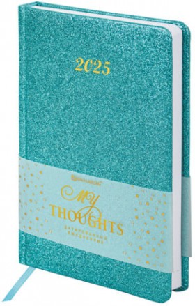Ежедневник датированный 2025, А5, 138x213 мм, BRAUBERG &quot;Sparkle&quot;, под кожу, блестки, бирюзовый, 115856