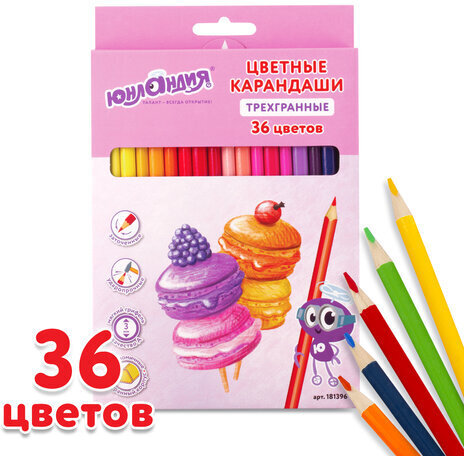 Карандаши цветные ЮНЛАНДИЯ "СЛАДКИЕ ИСТОРИИ", 36 цветов, трехгранные заточенные, 181396