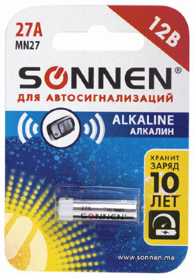 Батарейка SONNEN Alkaline, 27А (MN27), алкалиновая, для сигнализаций, 1 шт., в блистере, 451976