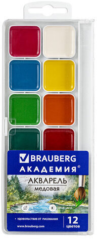 Краски акварельные BRAUBERG &quot;АКАДЕМИЯ&quot; 12 цветов, медовые, квадратные кюветы, пластиковый пенал, 191805