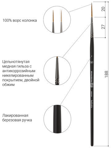 Кисть художественная проф. BRAUBERG ART CLASSIC, колонок, лайнер, № 00, короткая ручка, 200940