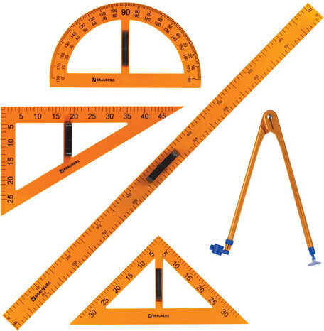 Набор чертежный для классной доски (2 треугольника, транспортир, циркуль, линейка 100 см), BRAUBERG, 210383