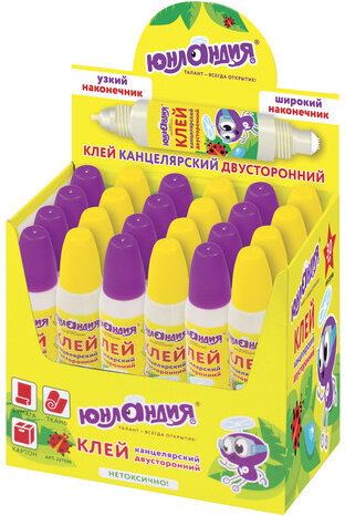 Клей канцелярский двусторонний ЮНЛАНДИЯ, 30 мл, с узким и широким аппликаторами, 227536