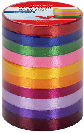 Лента атласная ширина 10 мм, набор 10 цветов по 4,5 м, BRAUBERG, 591506