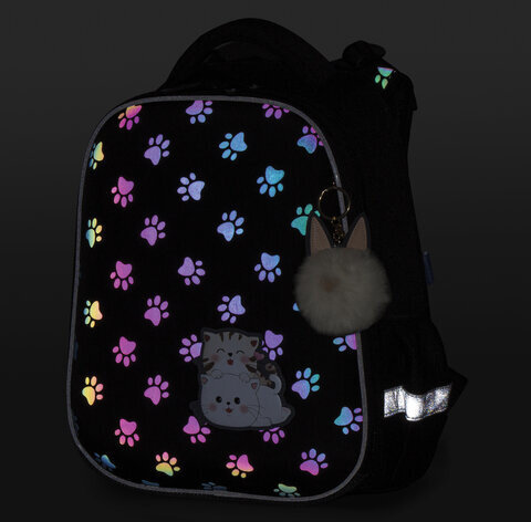 Ранец BRAUBERG LUMINOUS, 2 отделения, с брелоком, "Paws", СВЕТЯЩИЙСЯ РИСУНОК, 38х29х16 см, 271366