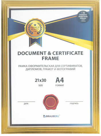 Рамка 21х30 см небьющаяся, багет 15 мм пластик, BRAUBERG "Respect", золотистая, 391272