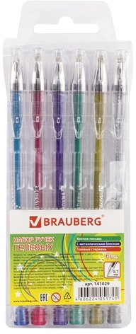 Ручки гелевые BRAUBERG "Jet", НАБОР 6 ЦВЕТОВ, МЕТАЛЛИК, узел 0,7 мм, линия письма 0,5 мм, 141029
