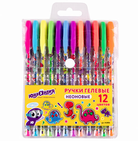 Ручки гелевые ЮНЛАНДИЯ, НАБОР 12 ЦВЕТОВ, НЕОН, корпус с печатью, узел 0,7 мм, линия письма 0,5 мм, 142806